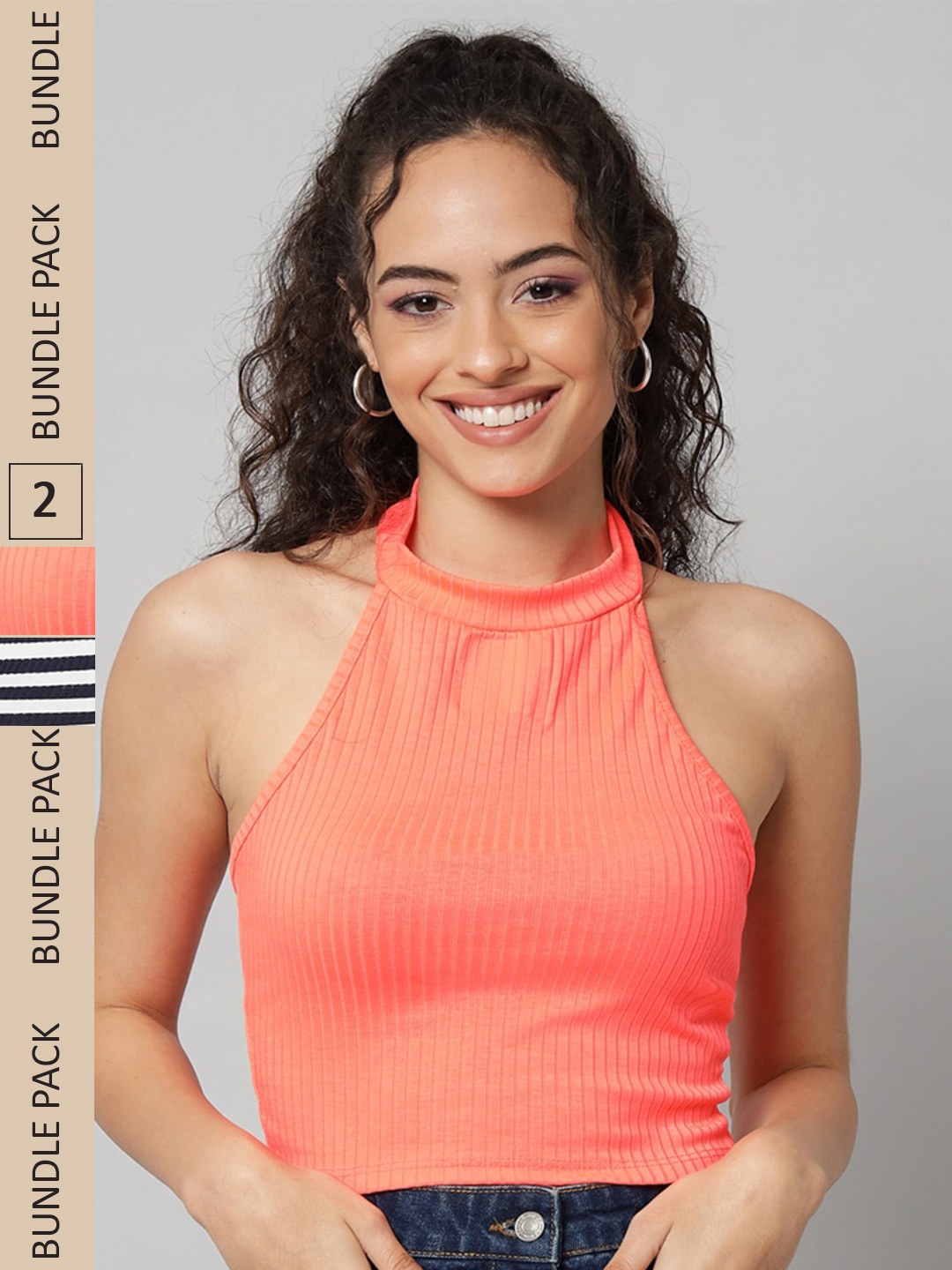 

GUTI Pack Of 2 Halter Neck Sleeveless Cotton Fitted Crop Top, Orange