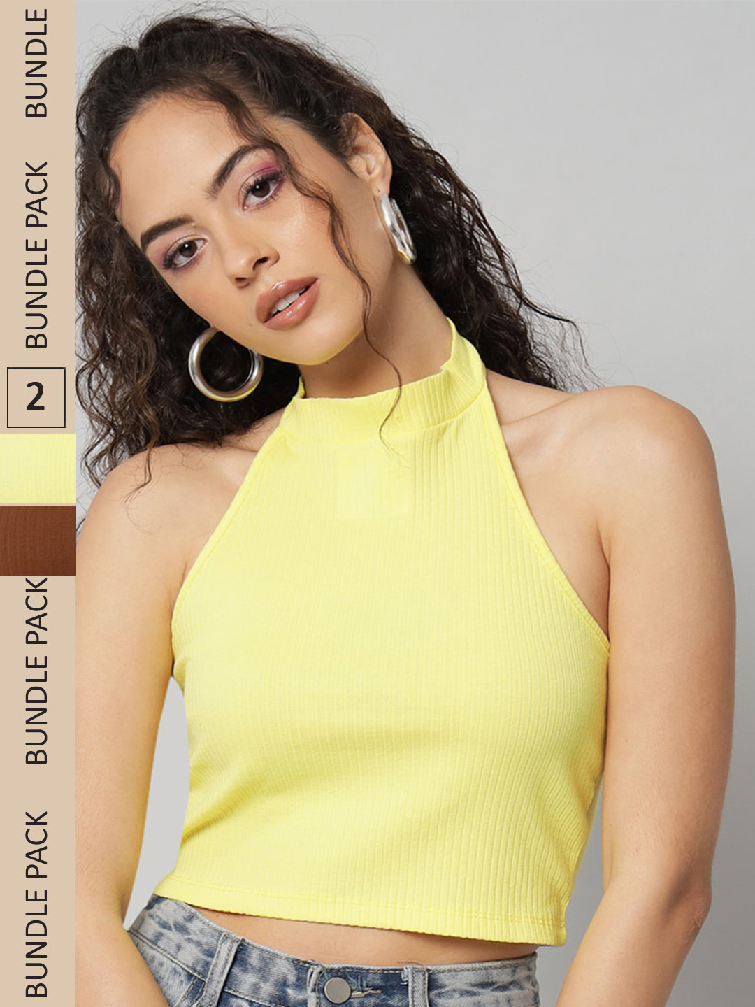 

GUTI Pack Of 2 Halter Neck Sleeveless Cotton Crop Top, Yellow