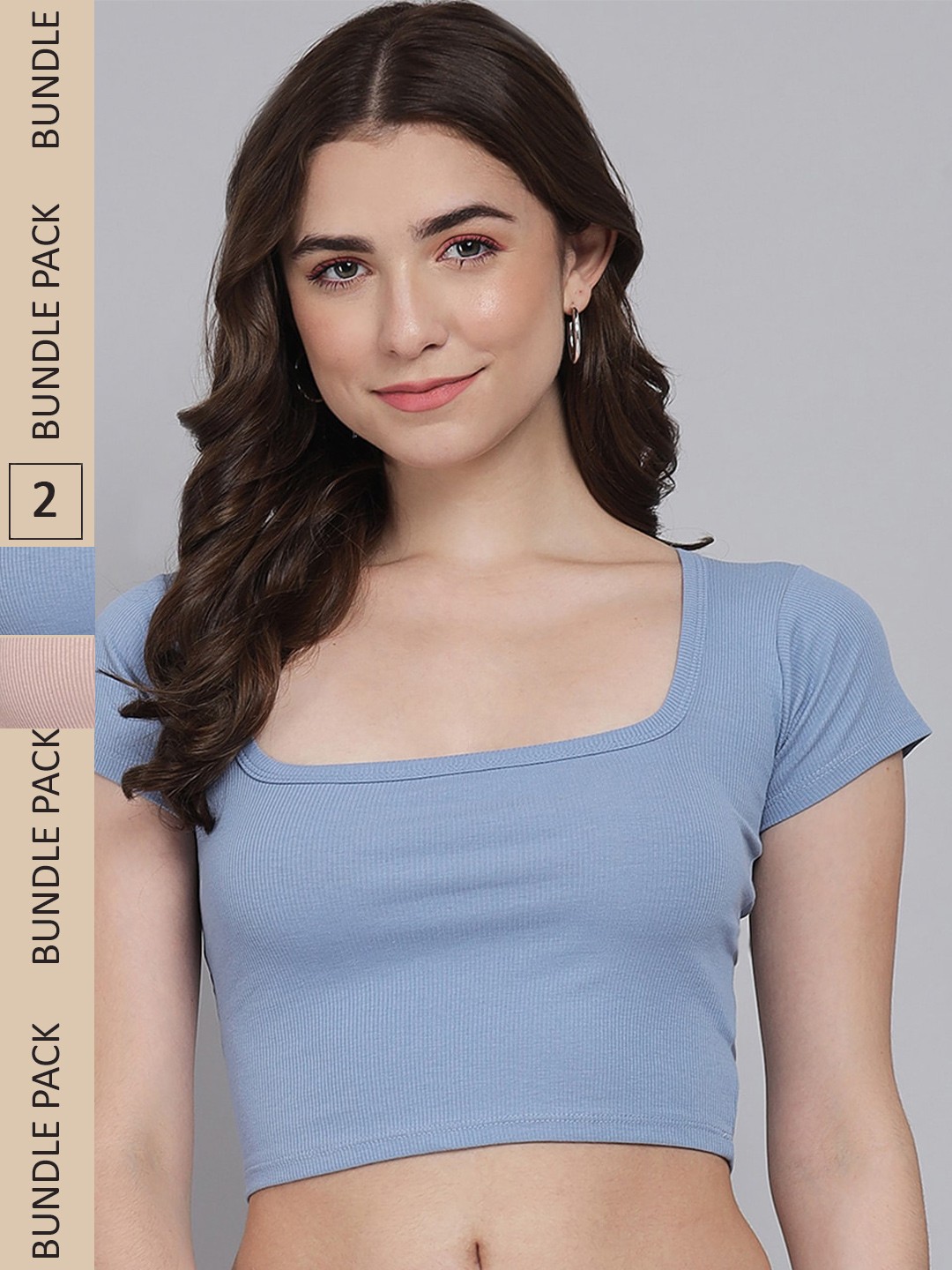 

GUTI Pack Of 2 Square Neck Cotton Fitted Crop Top, Blue
