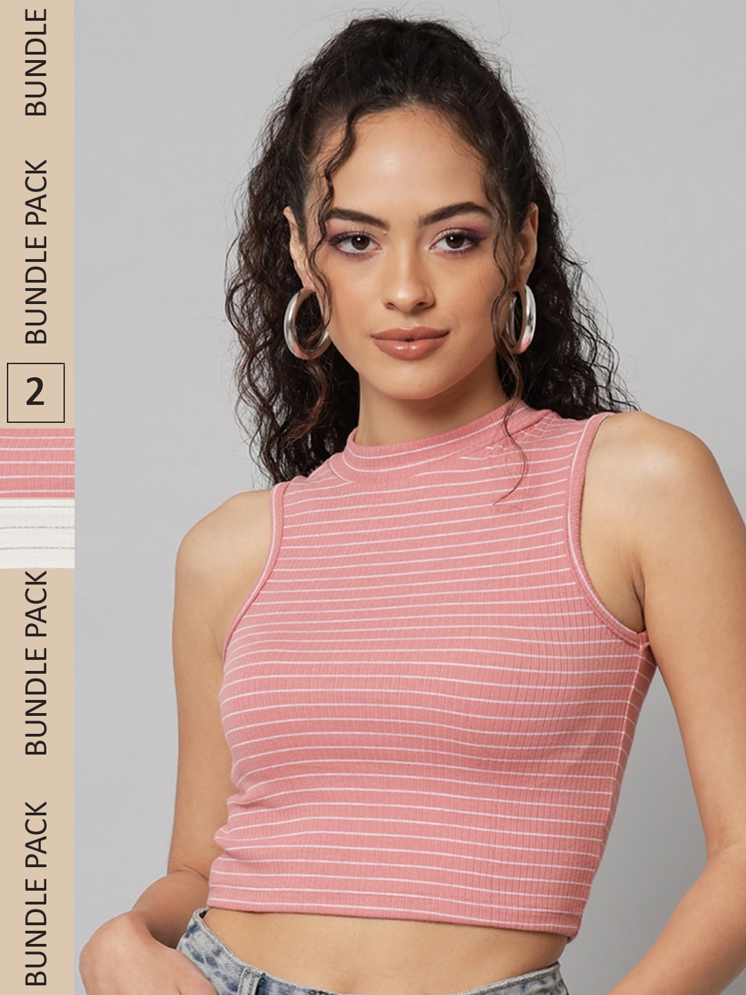 

GUTI Pack Of 2 Striped Cotton Tank Crop Top, Pink