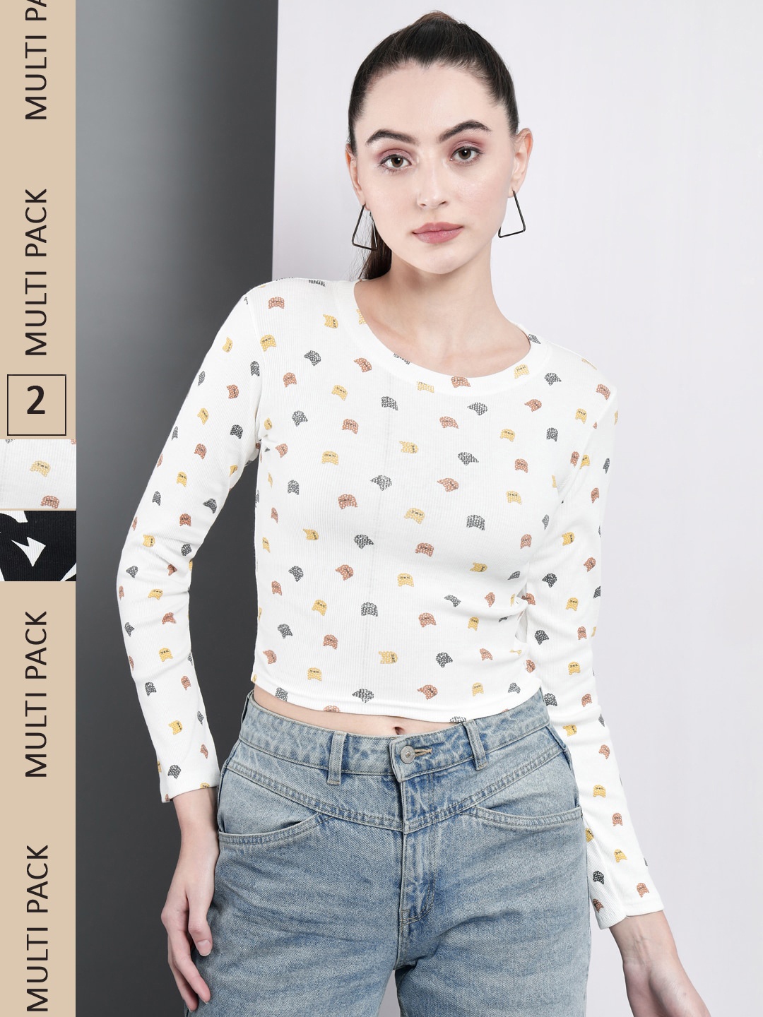 

GUTI Pack of 2 Printed Long Sleeve Cotton Crop Top, White