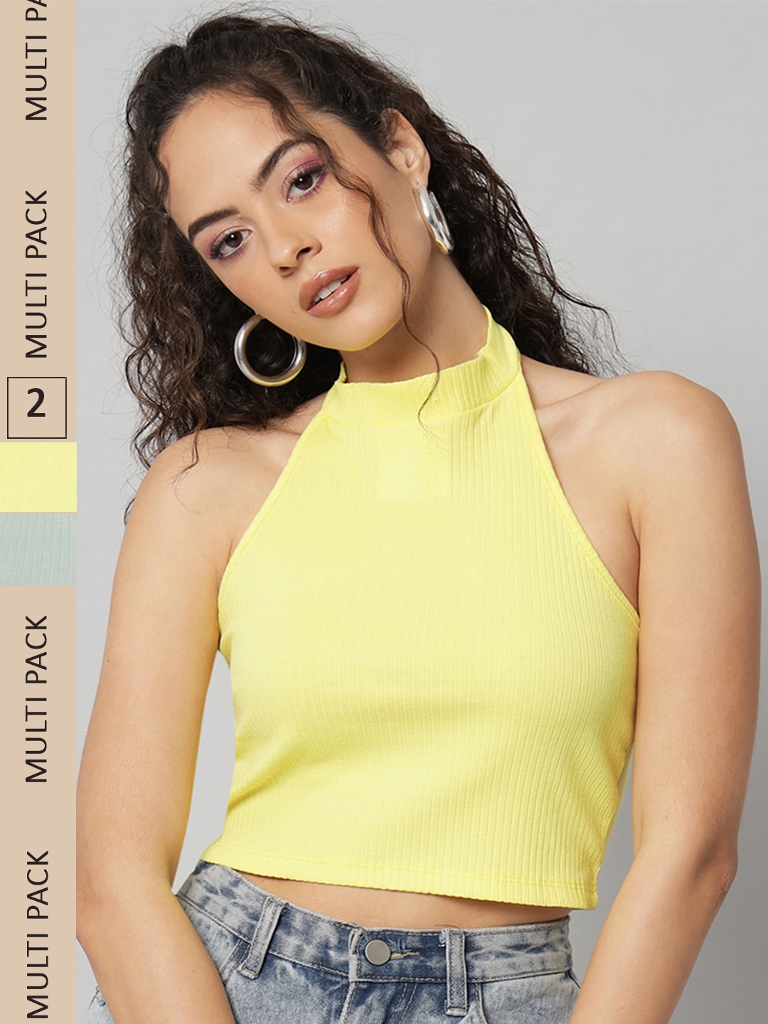 

GUTI Pack Of 2 Halter Neck Cotton Fitted Crop Top, Yellow