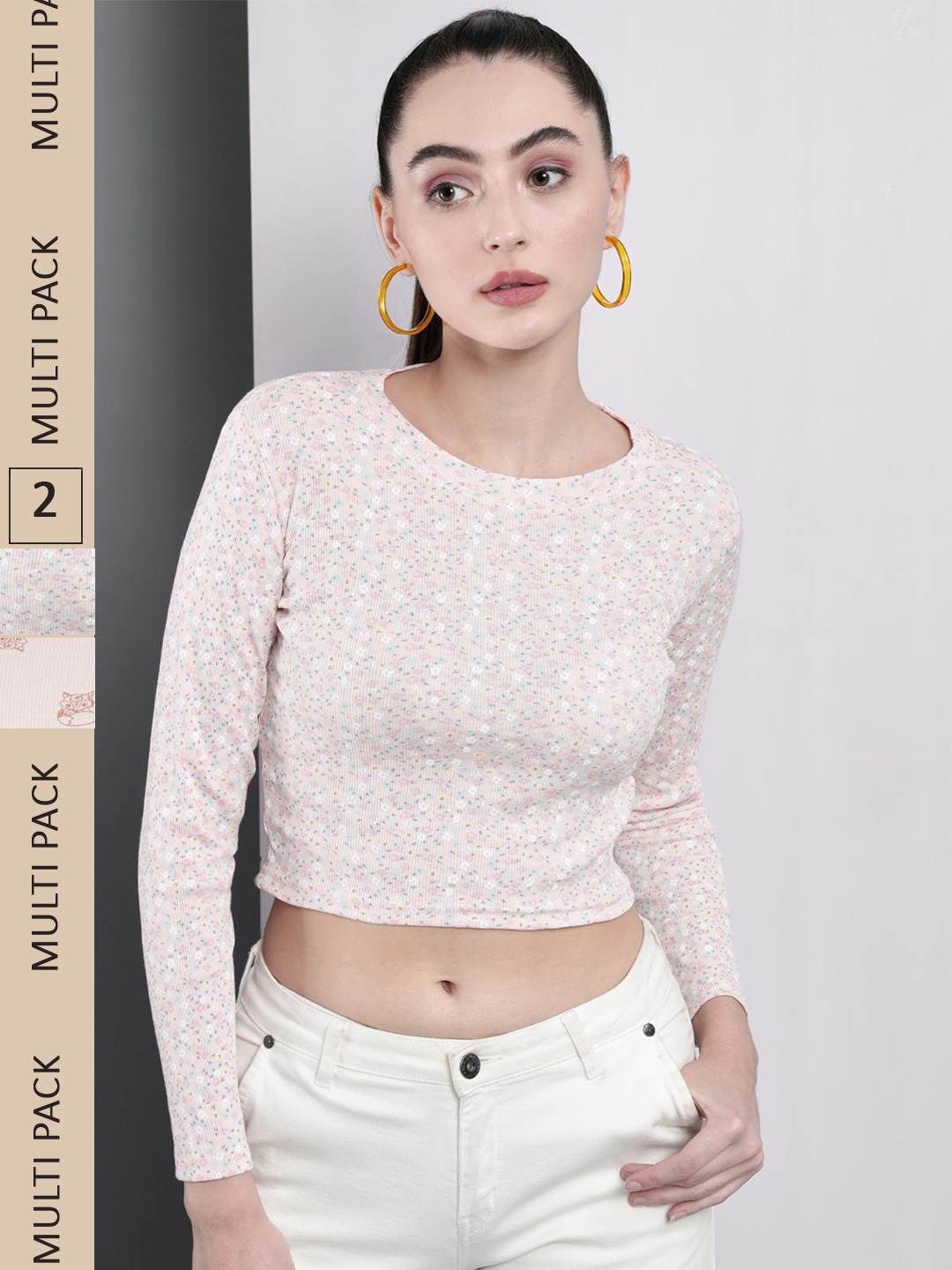 

GUTI Pack Of 2 Printed Cotton Crop Top, Pink