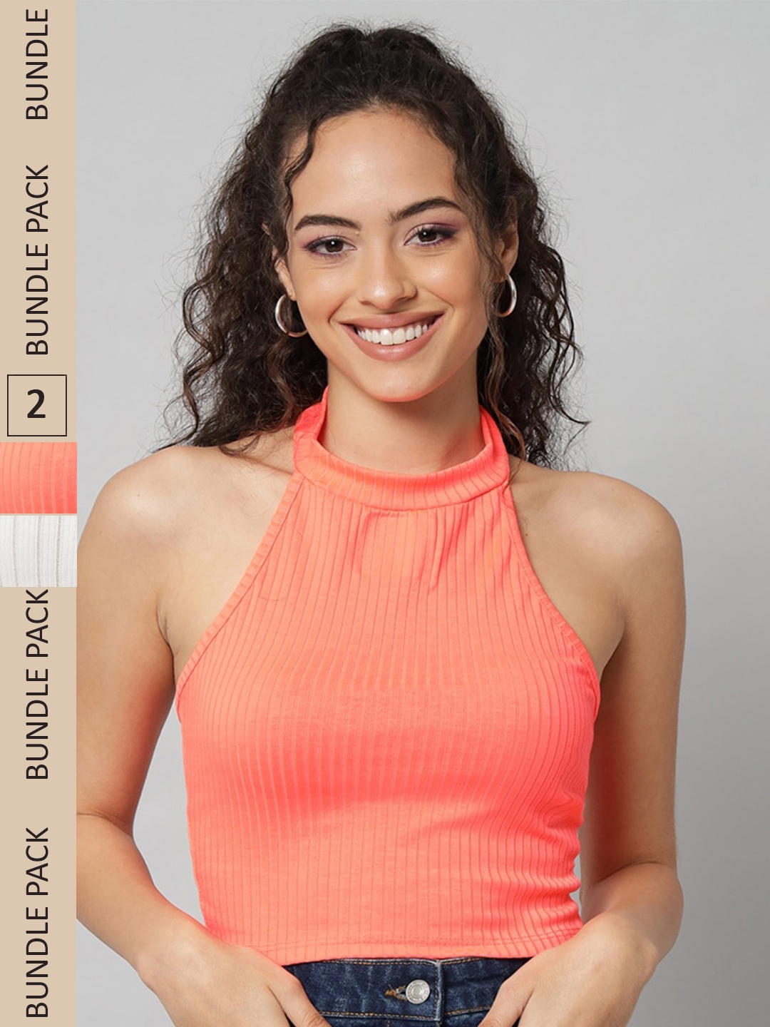 

GUTI Pack Of 2 Halter Neck Cotton Fitted Crop Top, Orange