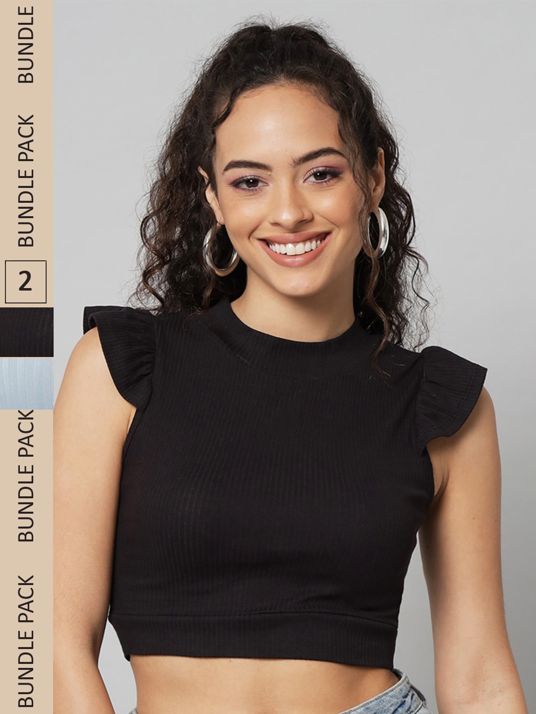 

GUTI Pack Of 2 Cap Sleeves Cotton Fitted Crop Top, Black