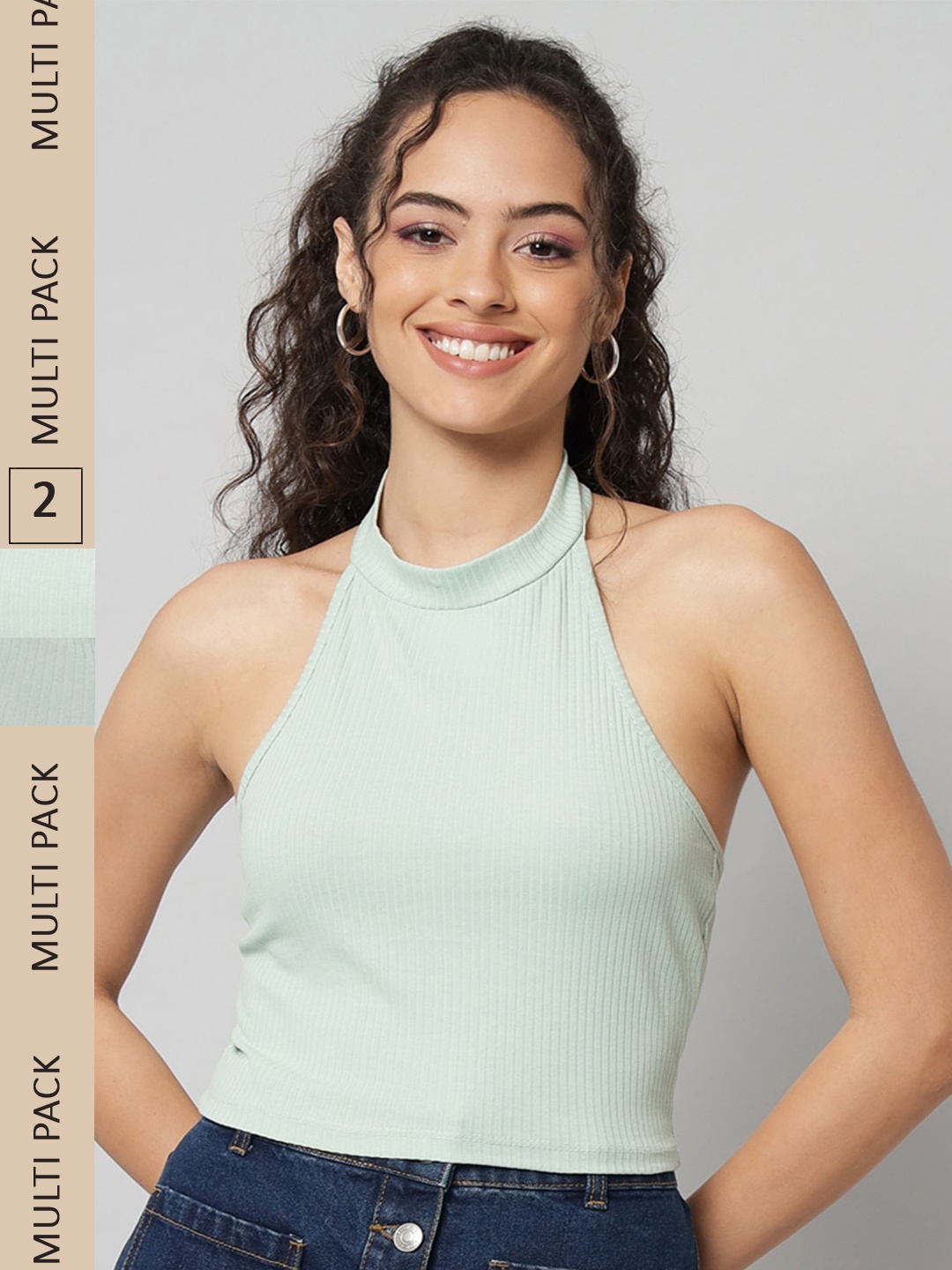 

GUTI Pack Of 2 Halter Neck Cotton Fitted Crop Top, Green