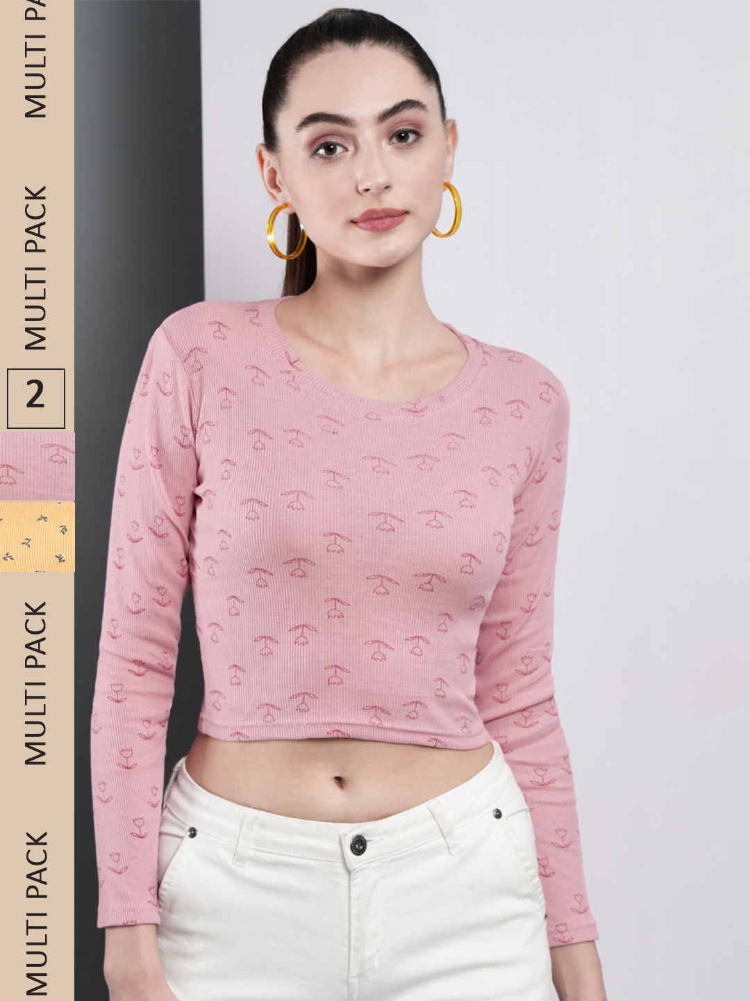 

GUTI Pack Of 2 Printed Cotton Crop Top, Pink