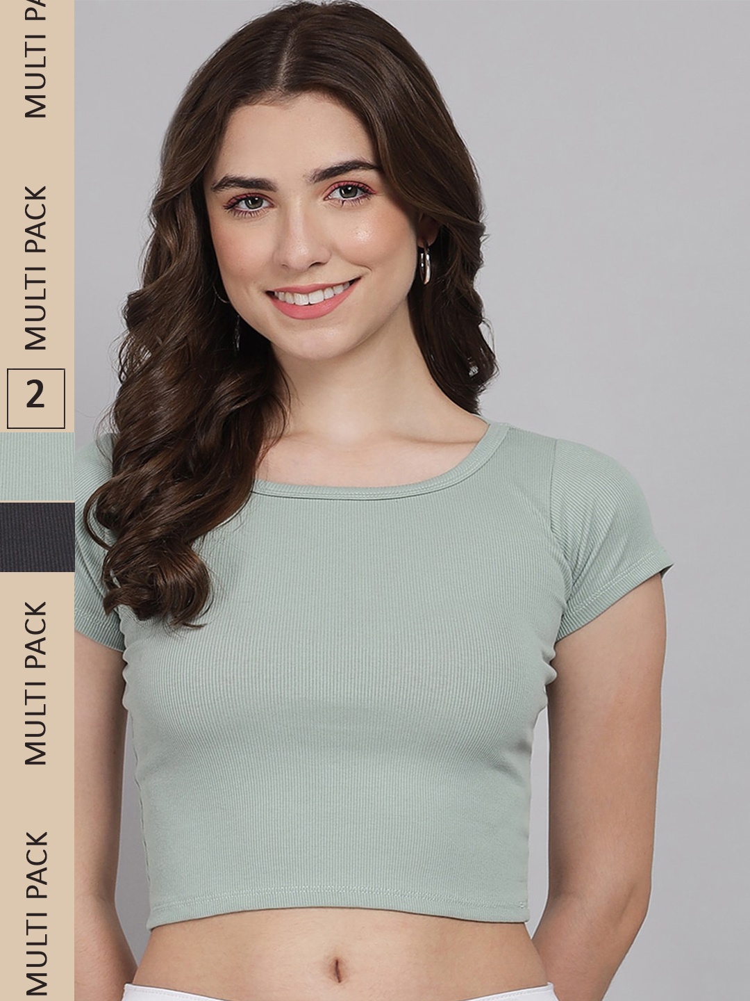 

GUTI Pack Of 2 Cotton Fitted Crop Top, Green