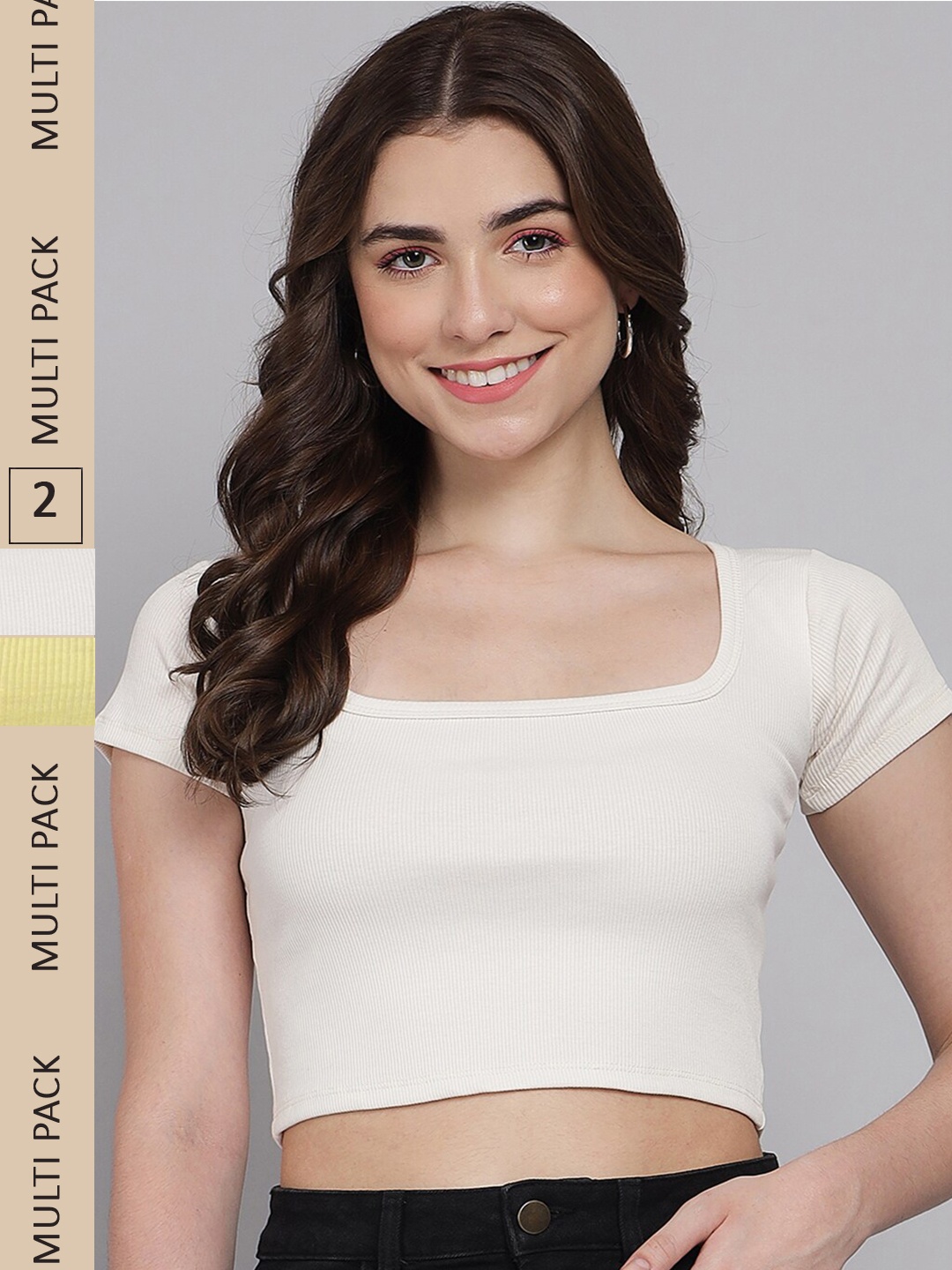 

GUTI Pack Of 2 Square Neck Cotton Fitted Crop Top, White