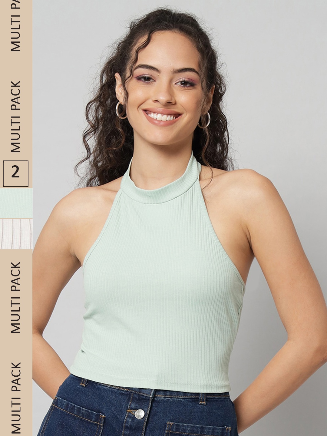 

GUTI Pack Of 2 Halter Neck Fitted Cotton Crop Top, Sea green