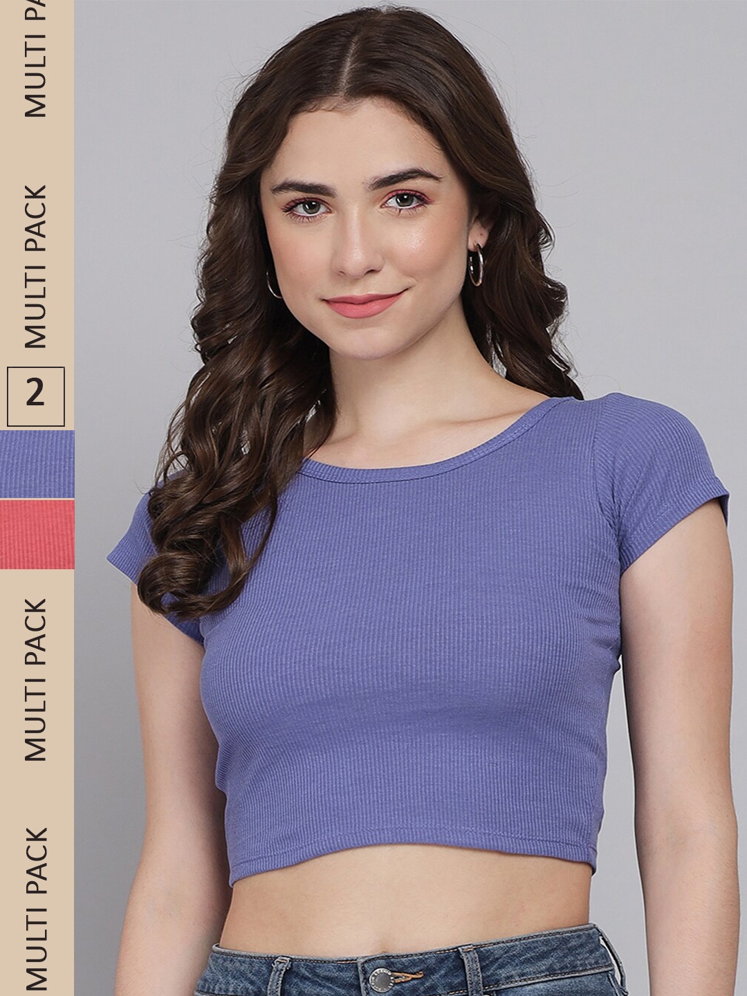 

GUTI Pack Of 2 Cotton Fitted Crop Top, Blue