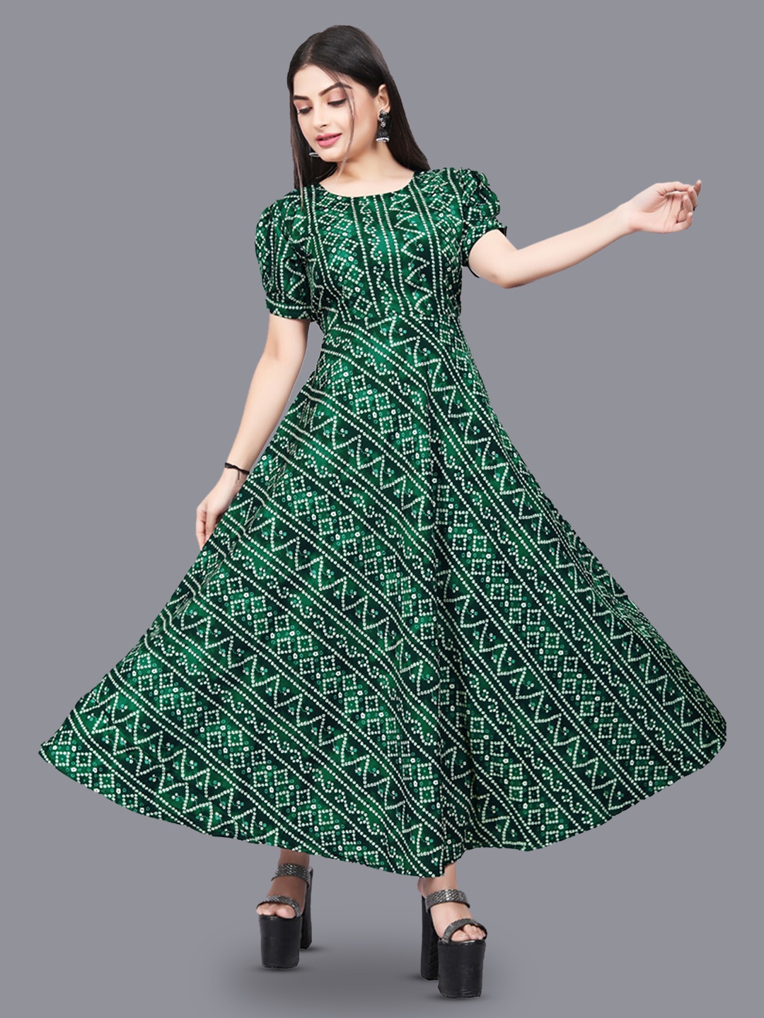 

N N ENTERPRISE Ethnic Motifs Printed Puff Sleeve Fit & Flare Maxi Dress, Green