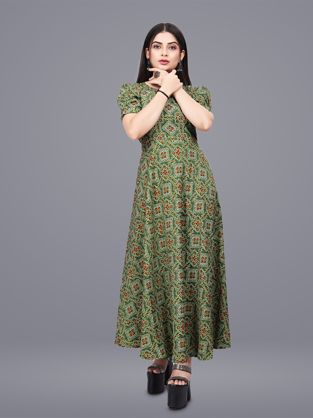 

N N ENTERPRISE Geometric Printed Long Gown, Olive