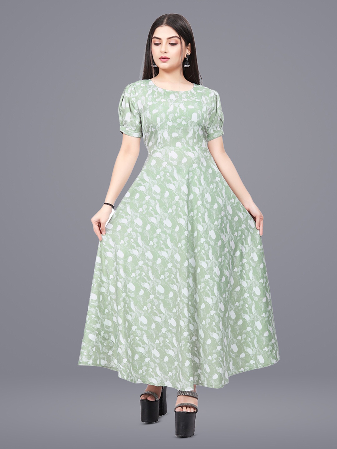 

N N ENTERPRISE Abstract Printed Puff Sleeve Fit & Flare Maxi Dress, Olive