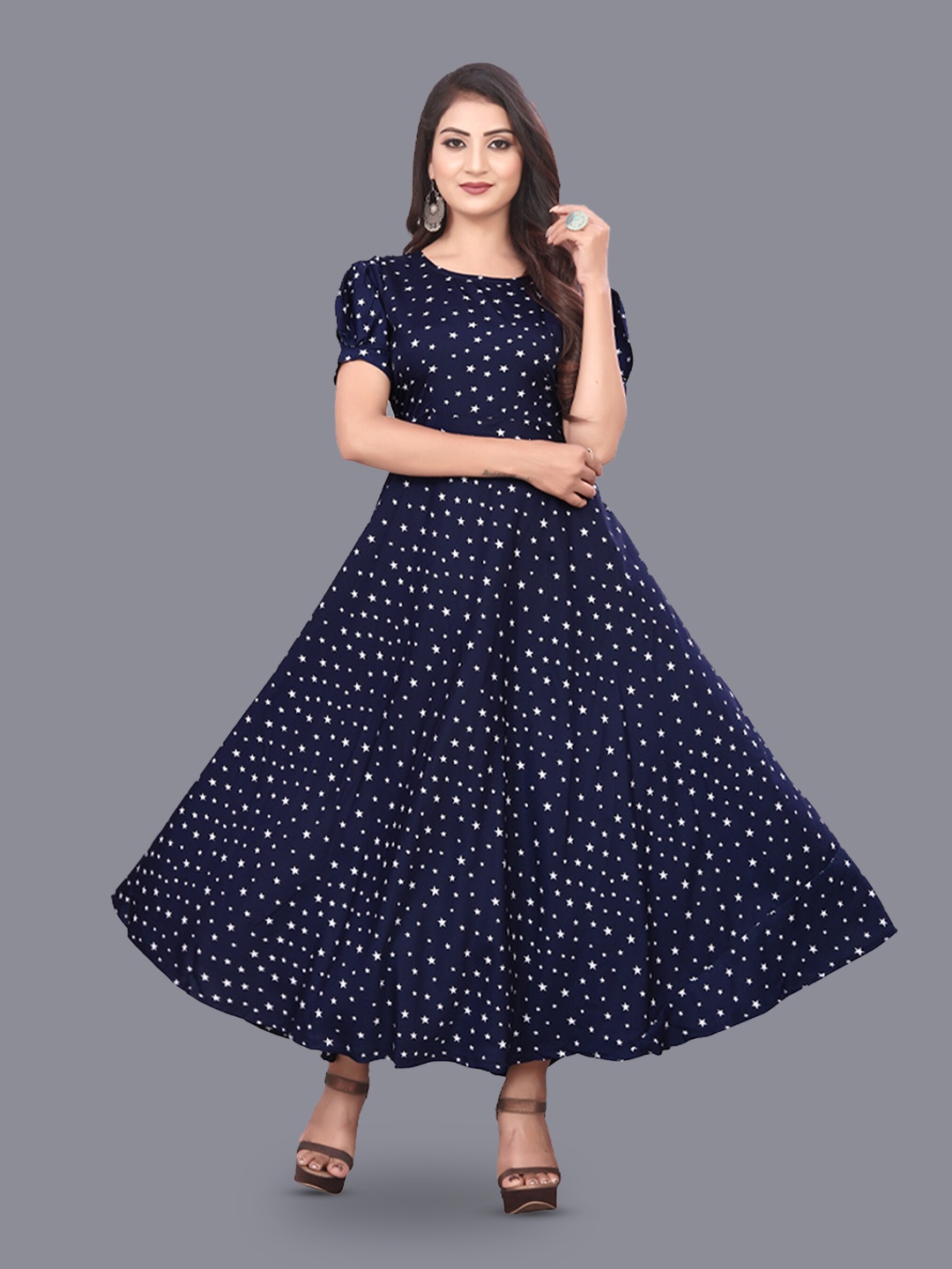 

N N ENTERPRISE Geometric Printed Puff Sleeve Fit & Flare Maxi Dress, Navy blue