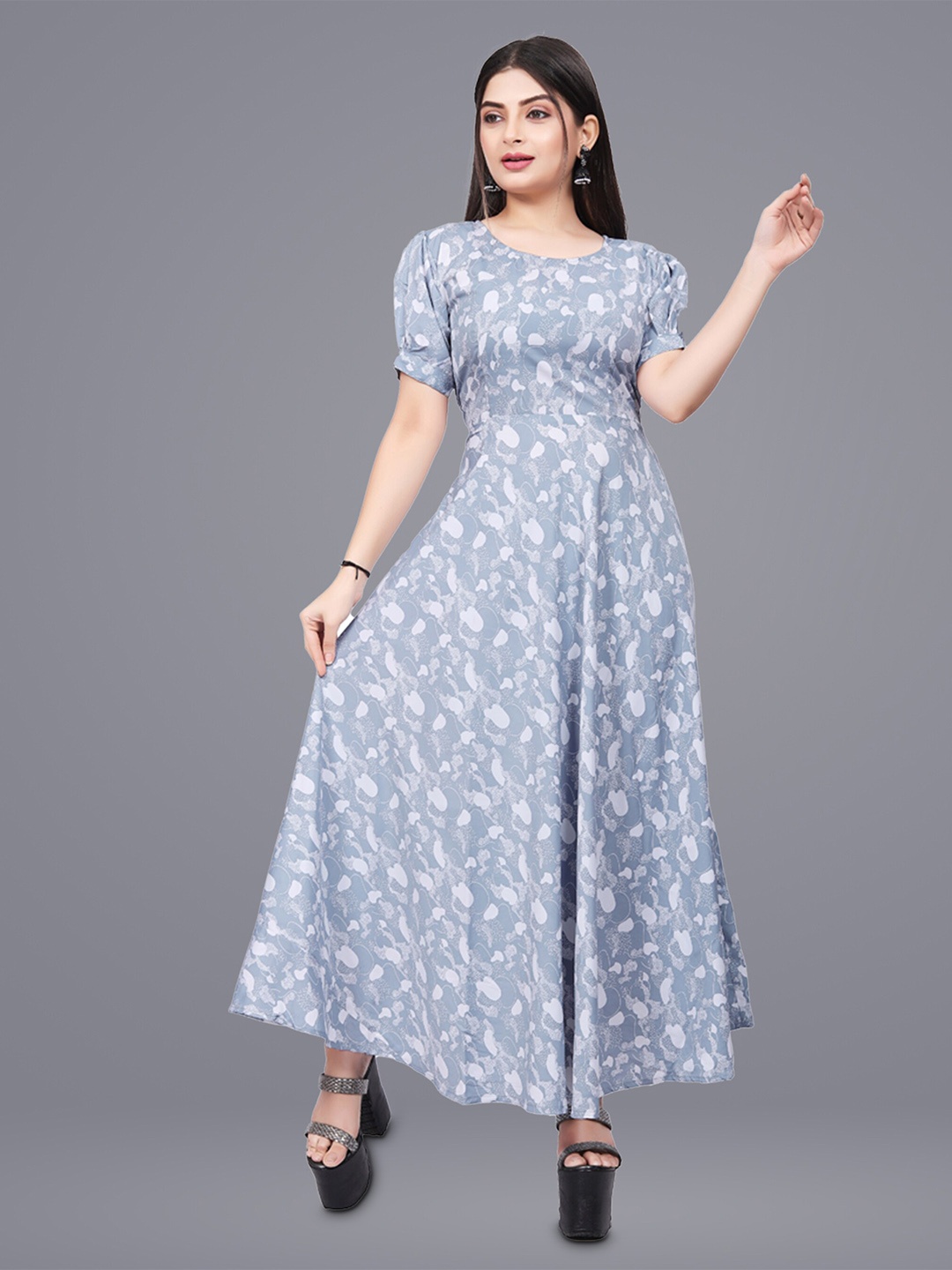 

N N ENTERPRISE Floral Printed Puff Sleeve Maxi Dress, Blue
