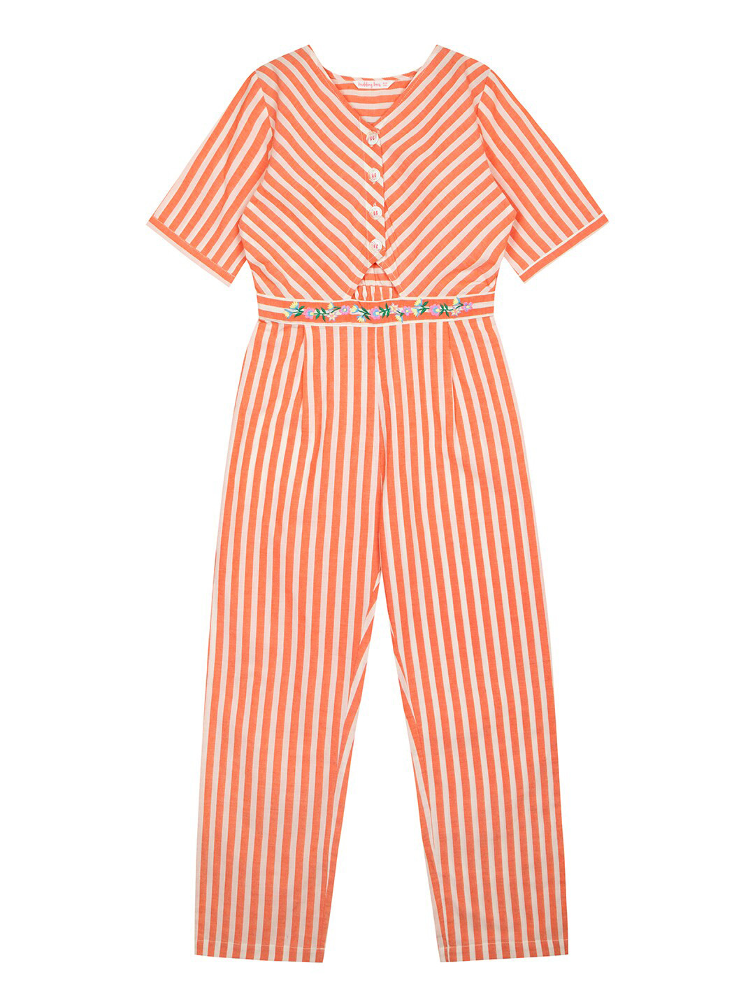 

Budding Bees Girls Striped Embroidered Cotton Basic Jumpsuit, Orange