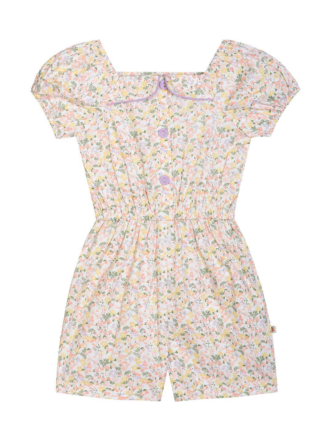 

Budding Bees Girls Floral Printed Puff Sleeves Cotton Play Jumpsuit, Off white