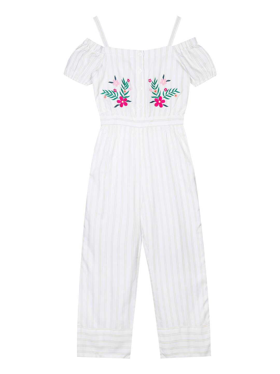 

Budding Bees Girls Striped Embroidered Basic Jumpsuit, Off white