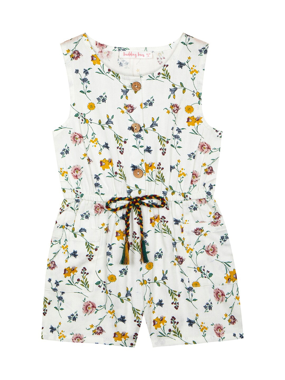 

Budding Bees Girls Floral Printed Waist Tie-Ups Cotton Play Jumpsuit, Off white