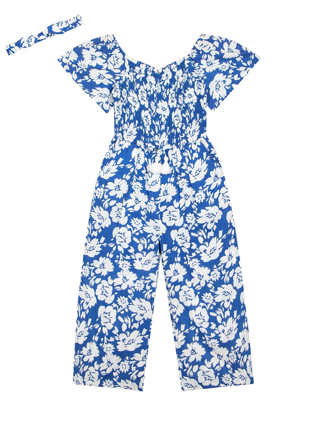 

Budding Bees Girls Off-Shoulder Floral Printed Smocked Basic Jumpsuit with Headdband, Blue