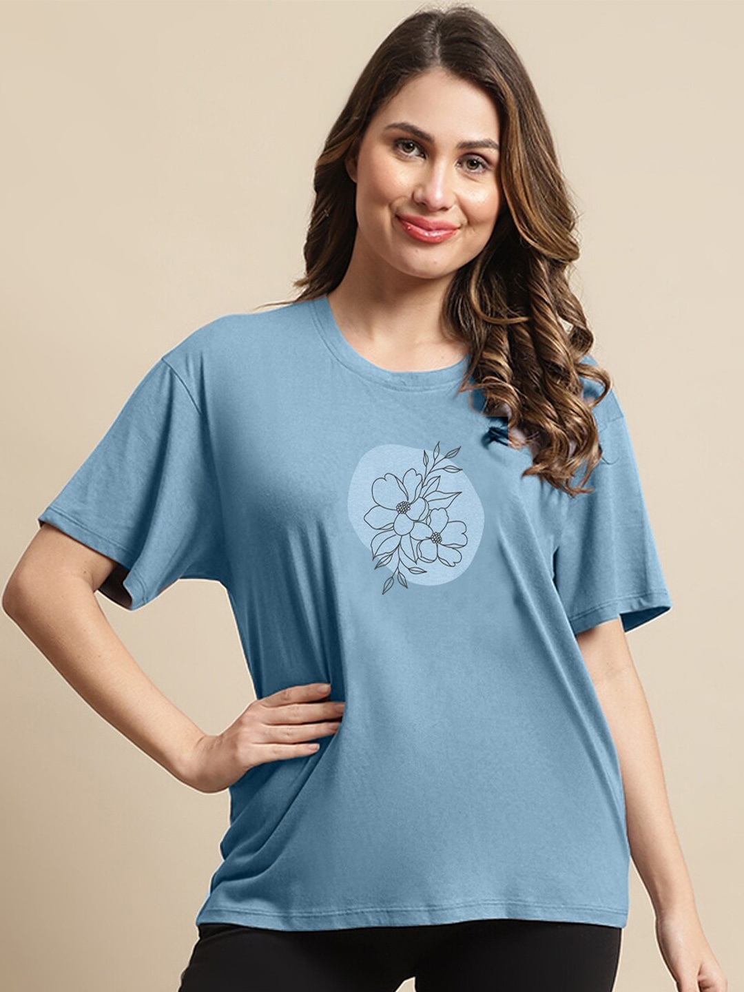 

Kanvin Floral Printed Drop-Shoulder Sleeves Oversized T-shirt, Blue