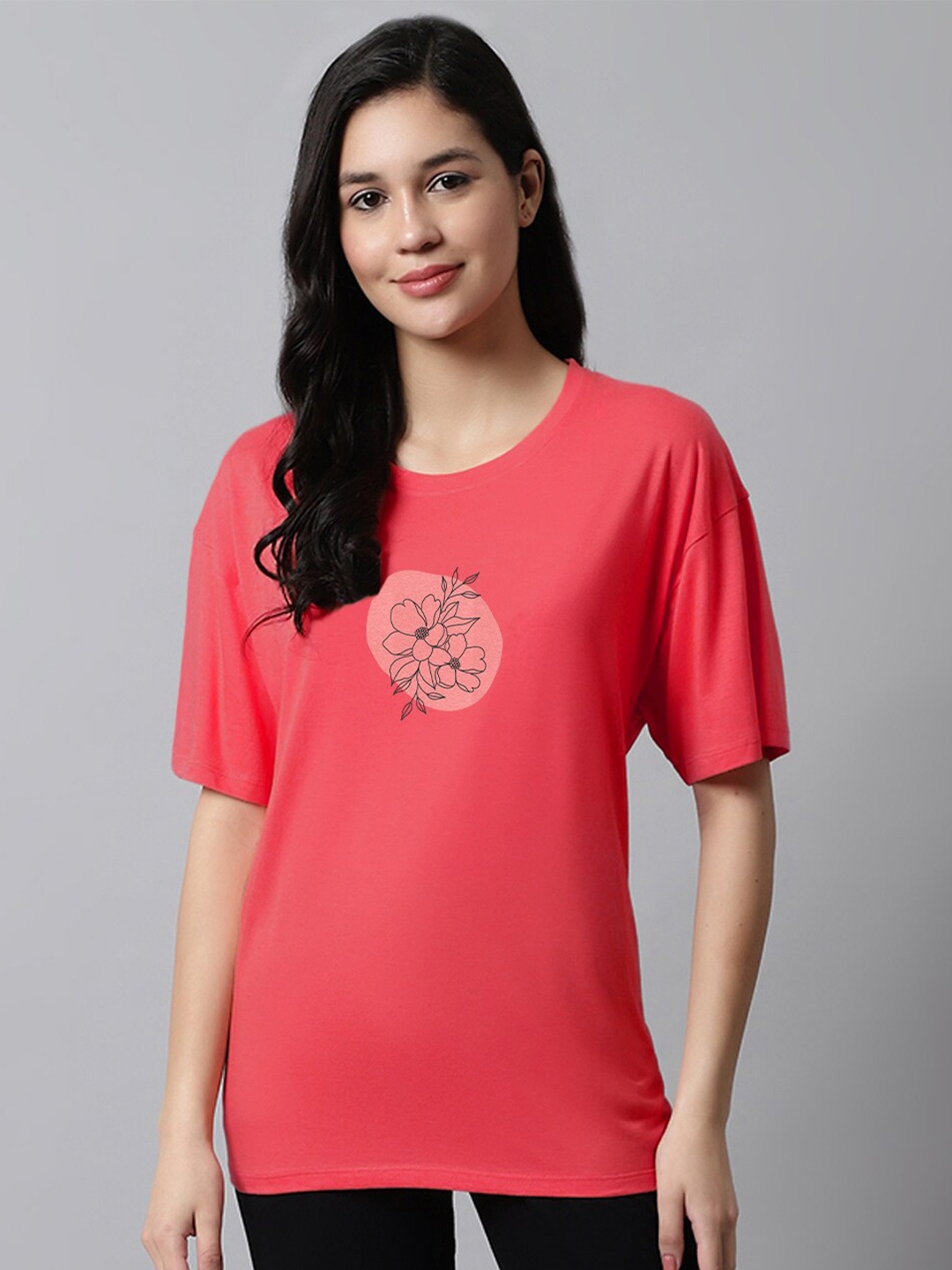 

Kanvin Floral Printed Drop-Shoulder Sleeves Oversized T-shirt, Coral