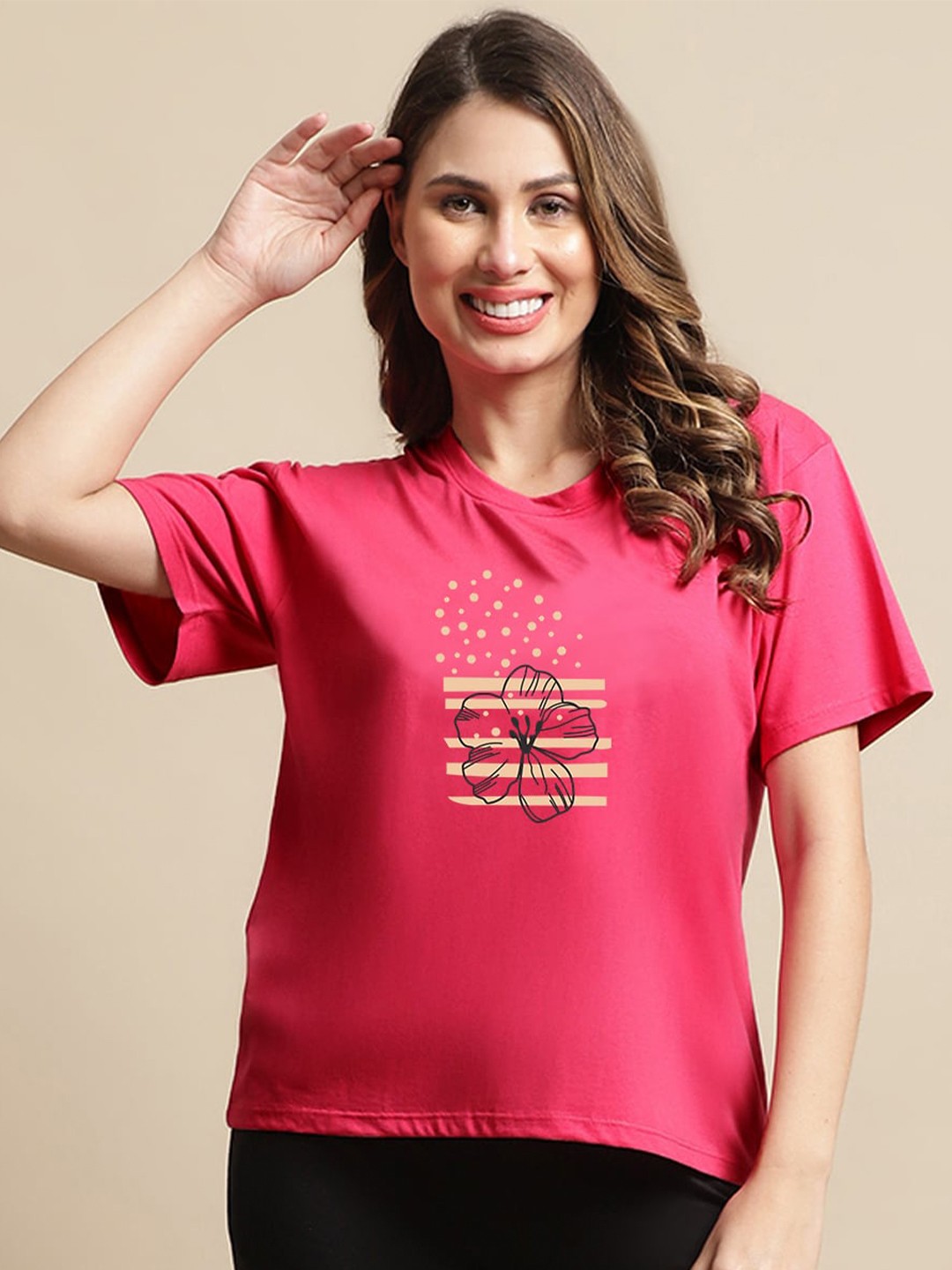 

Kanvin Graphic Printed Round Neck Modal Oversized T-shirt, Pink