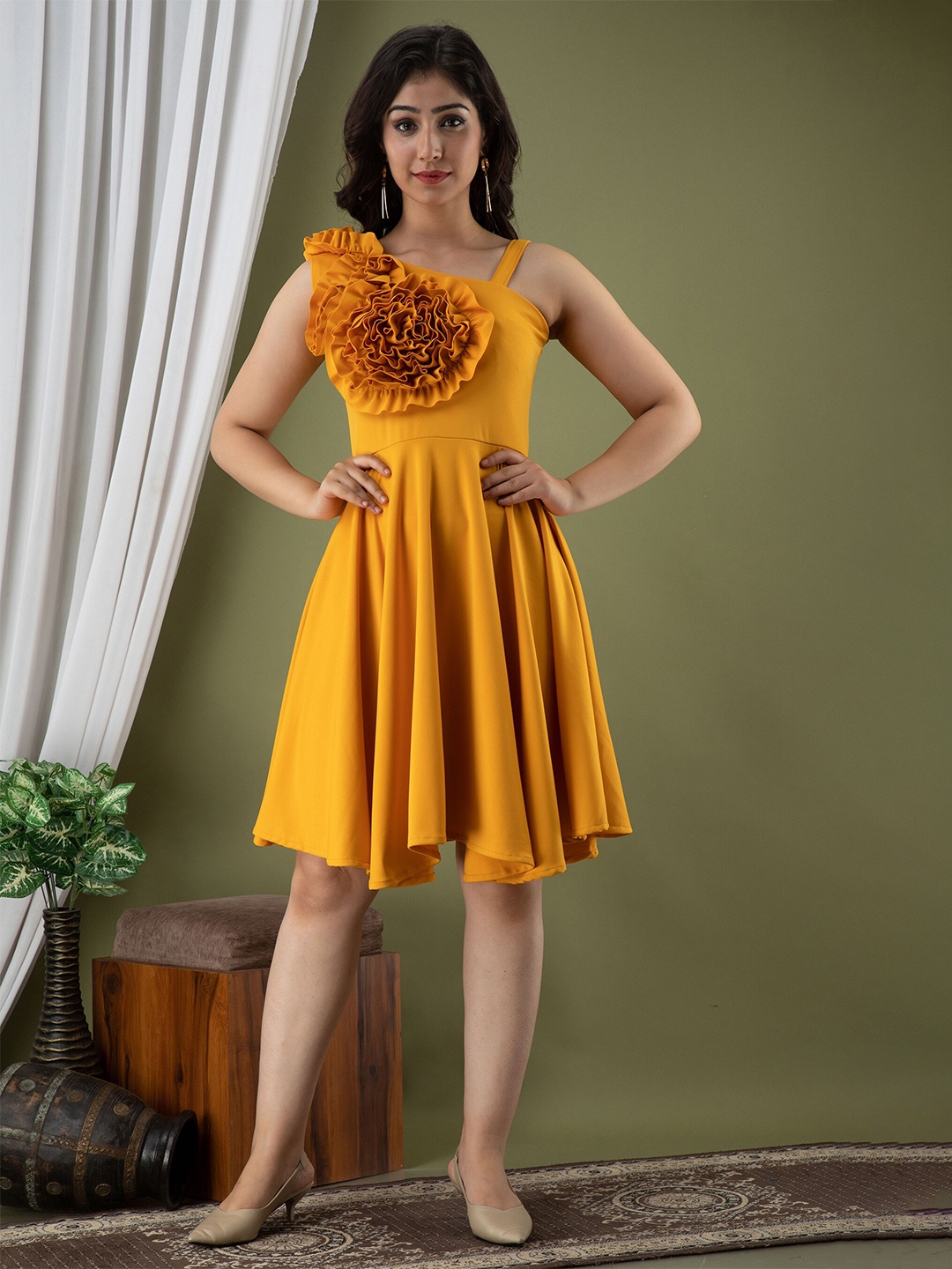 

Mialo fashion Shoulder Strap Ruffled Linen Fit & Flare Dress, Yellow