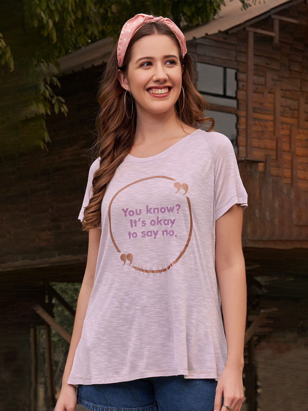 

TITTLI Typography Printed Raglan Sleeves Cotton T-shirt, Pink