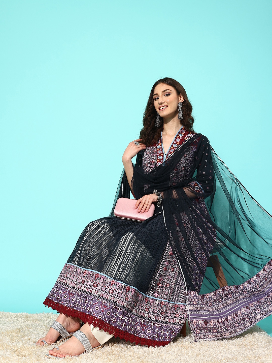 

Juniper Tribal Printed Mirror Work Indie Prints Kurta, Lavender