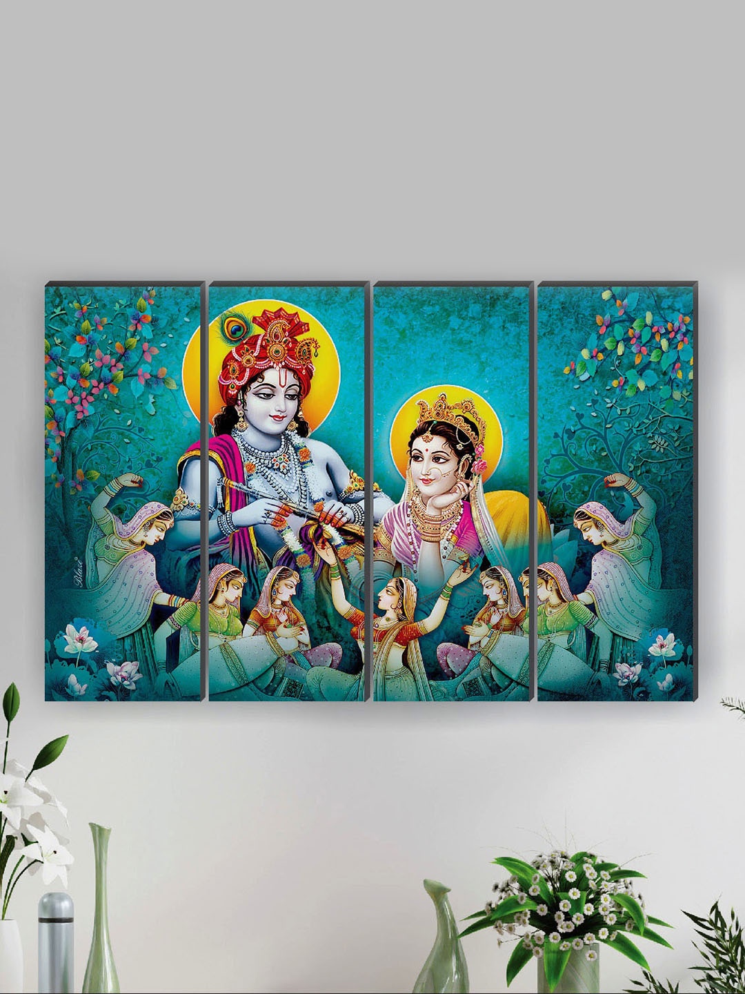 

SAF Blue & Yellow 4 Pieces Radha Krishna Religious Painting Wall Arts