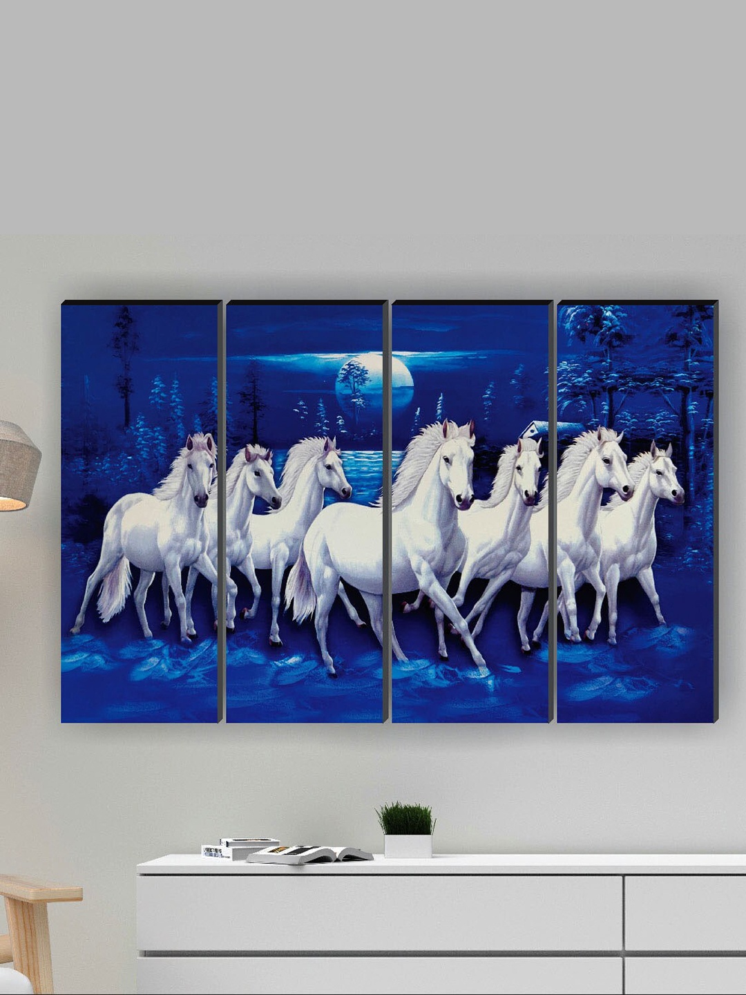 

SAF Blue & White 4-Pieces Seven Running Horses Printed UV Coating Framed Wall Art