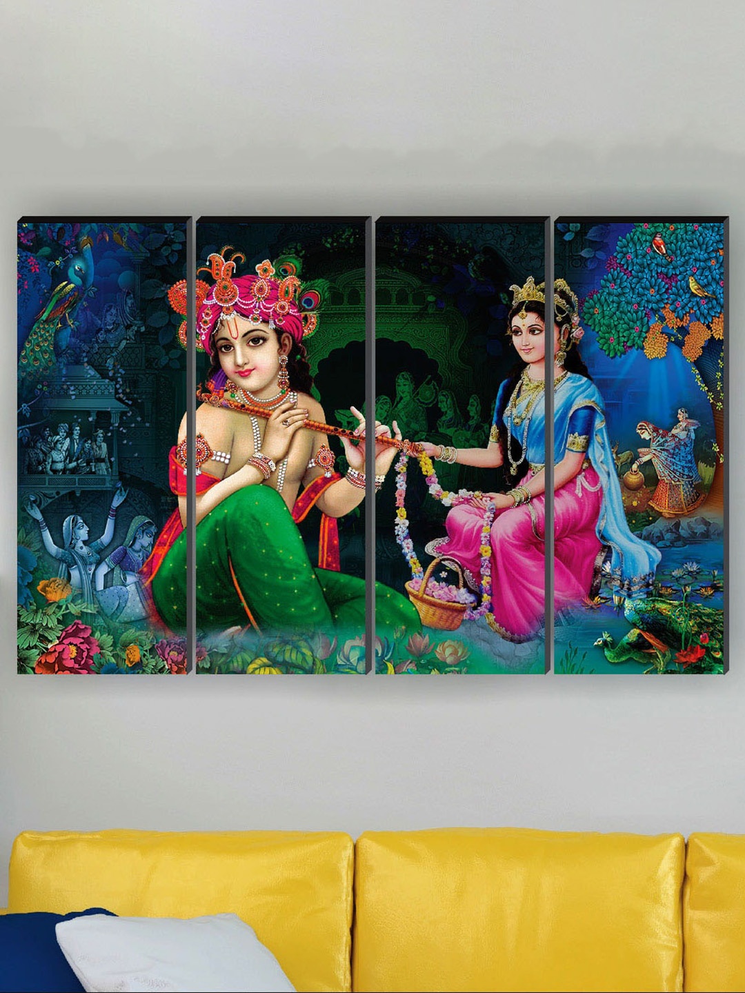 

SAF Blue & Pink 4 Pieces Radha Krishna Religious Painted Framed Wall Art