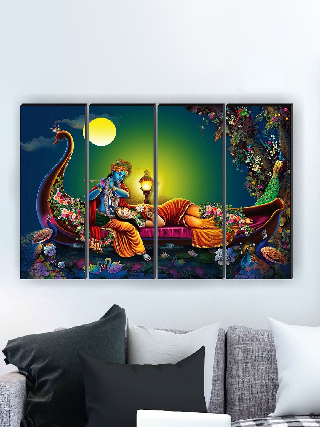 

SAF Green & Orange 4 Pieces Radha Krishna Religious Painted Framed Wall Art