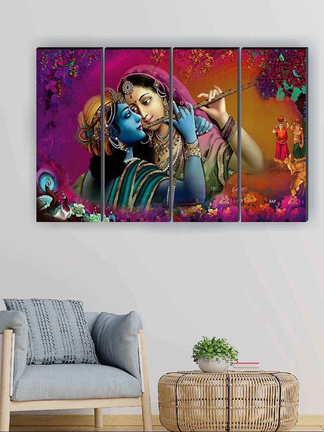 

SAF Red & Blue 4 Pieces Radha Krishna Religious Painted Framed Wall Art