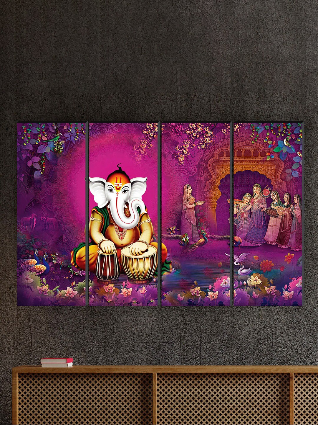 

SAF Purple & White 4 Pieces Ganesha Religious Painted Framed Wall Art
