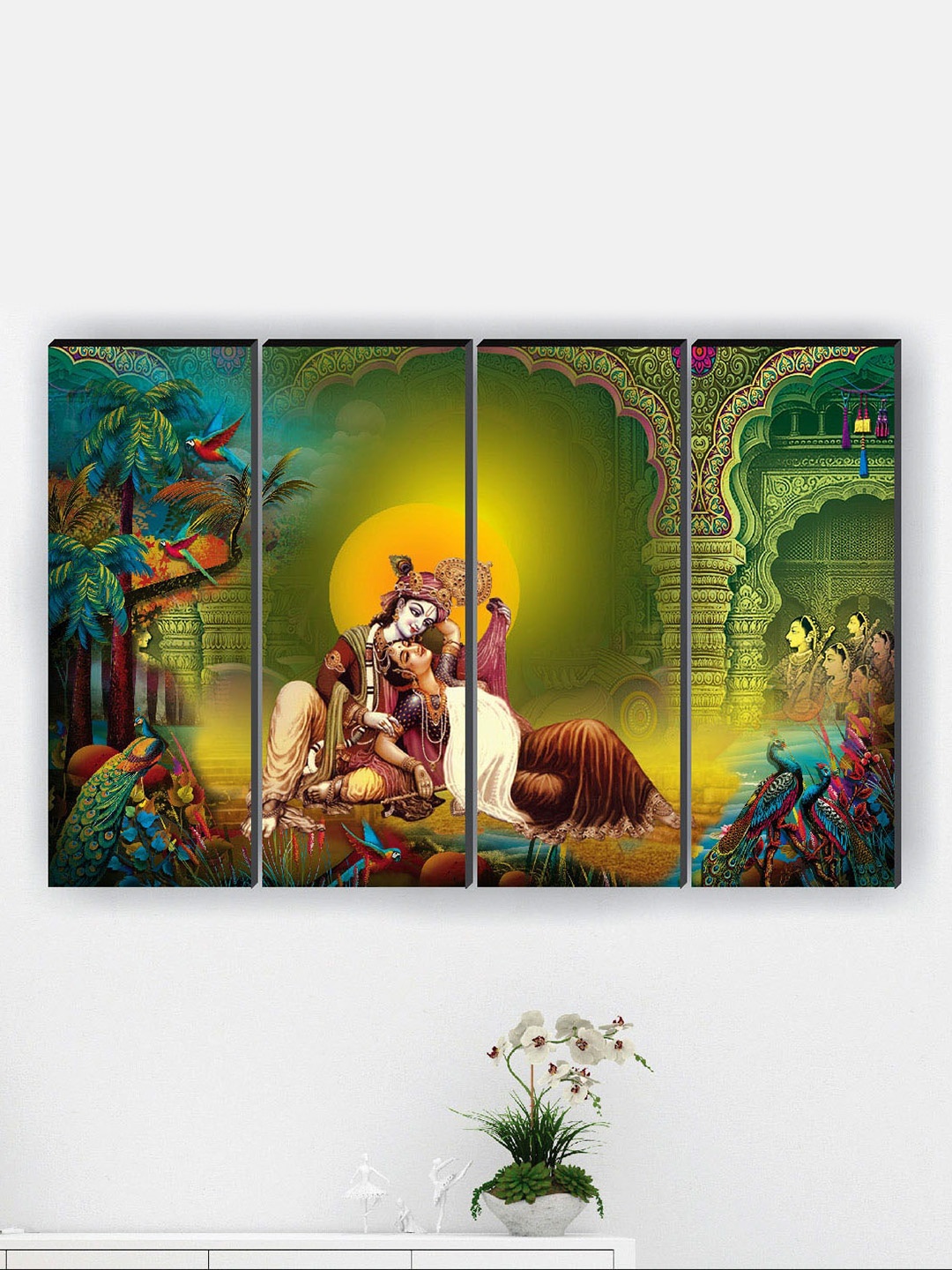 

SAF Green & Yellow 4 Pieces Radha Krishna Religious Painted Framed Wall Art