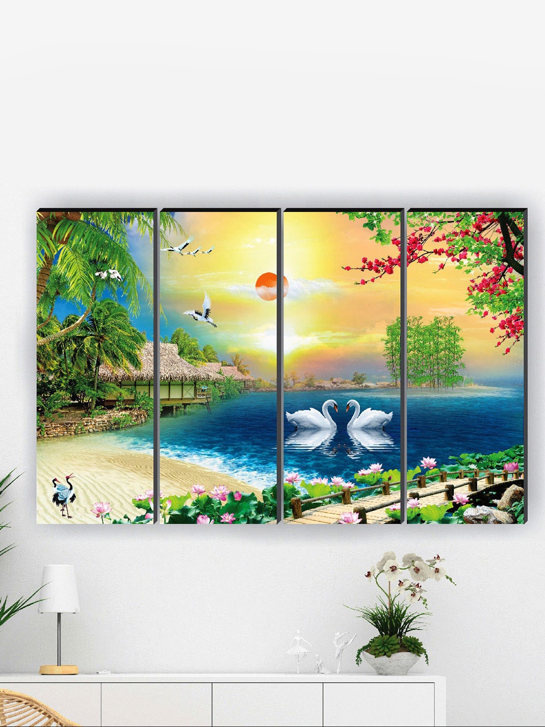

SAF 4-Pc Green & Blue FLoving Swan Painting Framed Wall Art