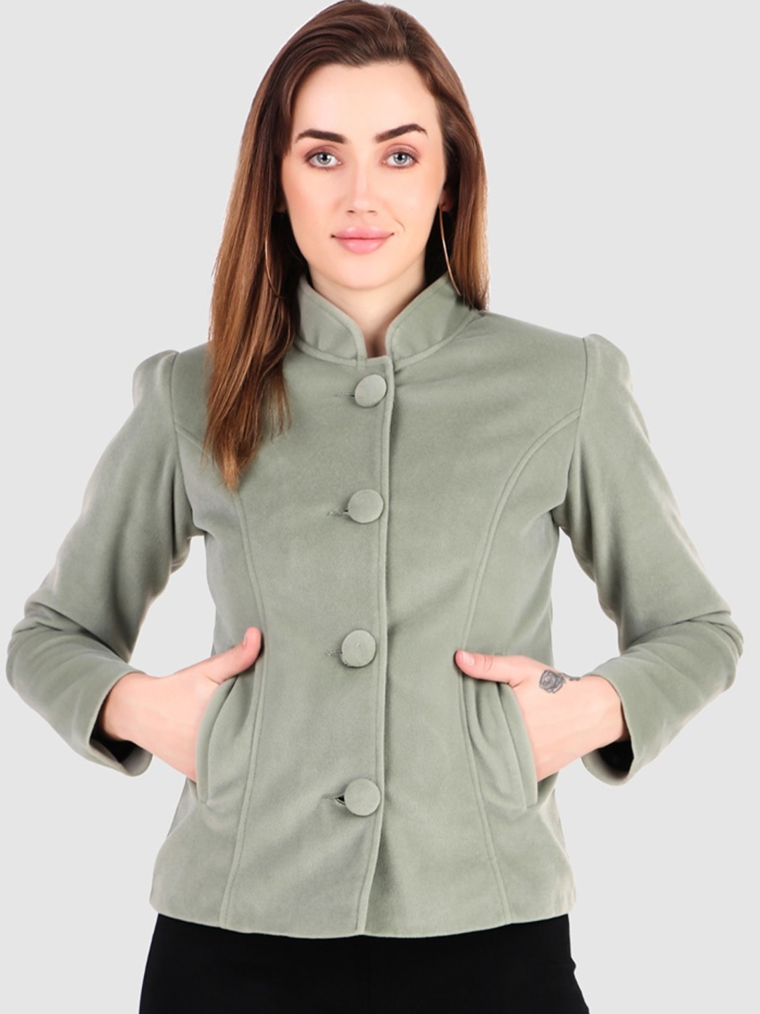 

Leather Retail Stand Collar Lightweight Crop Tailored Jacket, Green