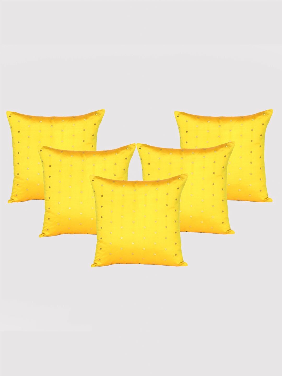 

OUSSUM 5 Pieces Yellow & Gold-Toned Polka Dots Art Silk Square Cushion Covers