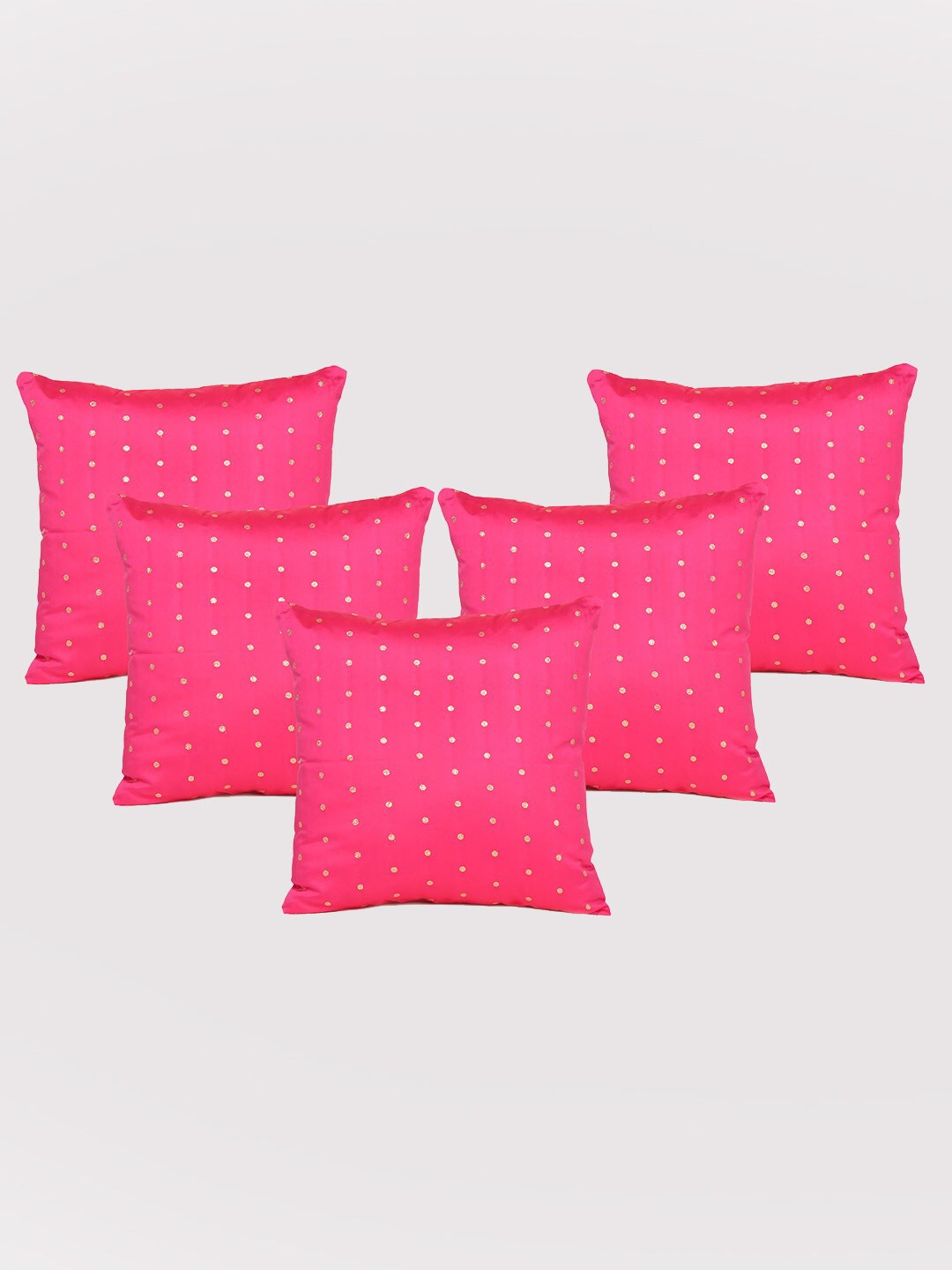 

OUSSUM 5 Pieces Pink & Gold-Toned Polka Dots Art Silk Square Cushion Covers