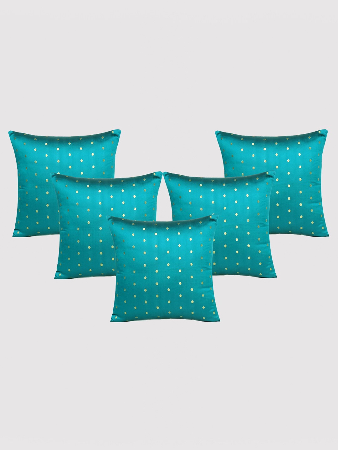 

OUSSUM 5 Pieces Blue & Gold-Toned Polka Dots Art Silk Square Cushion Covers