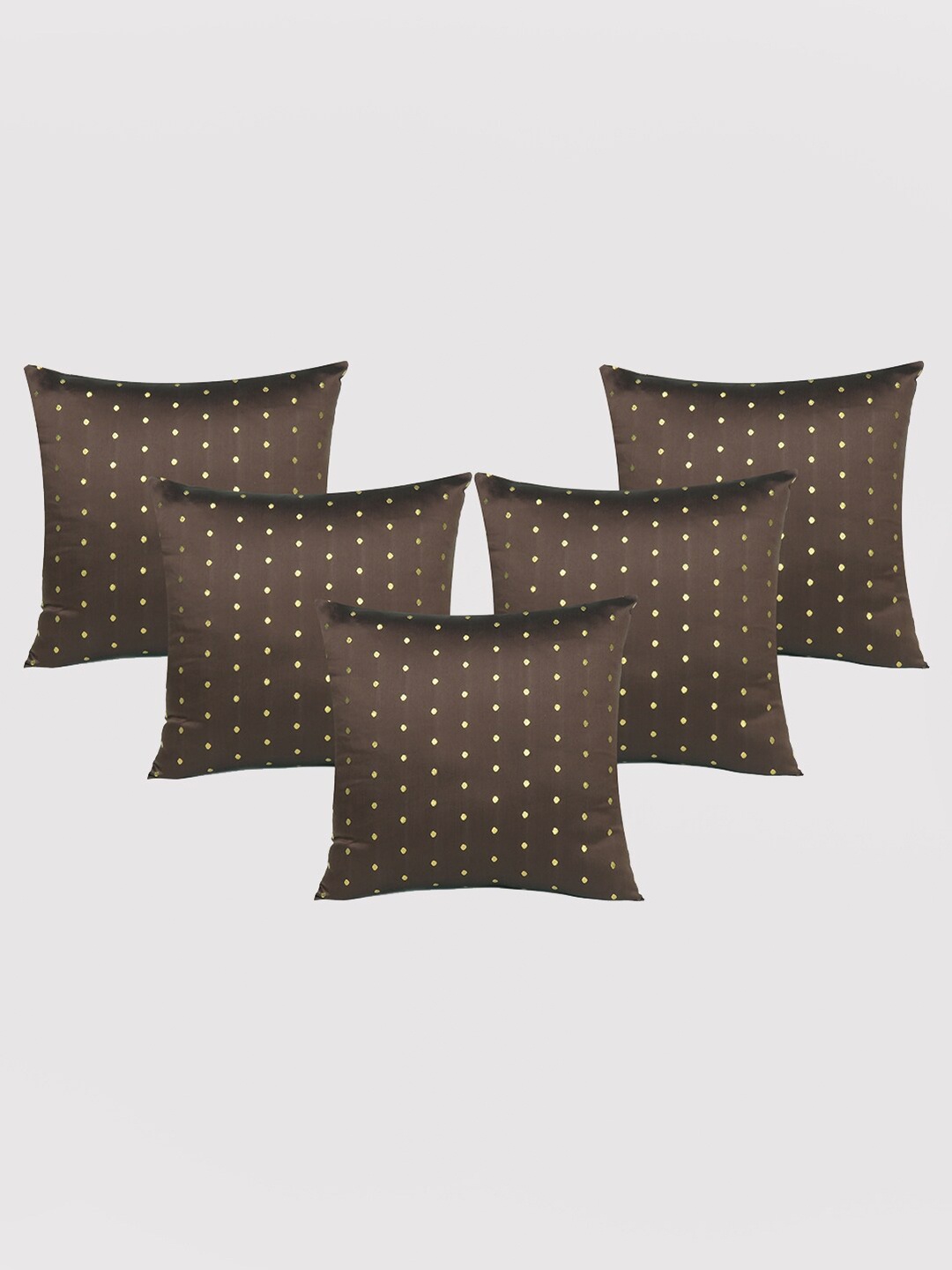 

OUSSUM 5 Pieces Brown & Gold-Toned Polka Dots Art Silk Square Cushion Covers