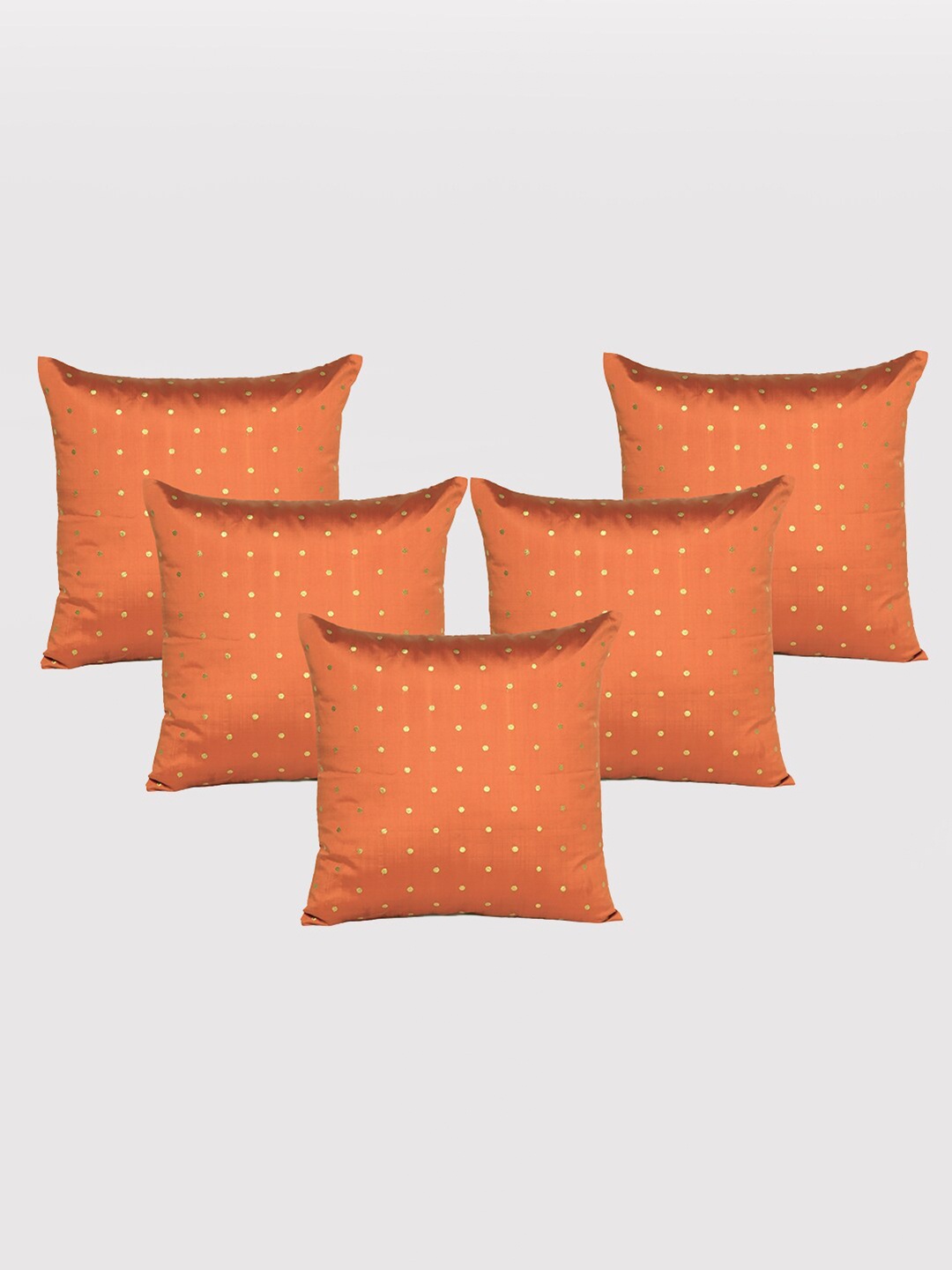 

OUSSUM 5 Pieces Orange & Gold-Toned Polka Dots Art Silk Square Cushion Covers