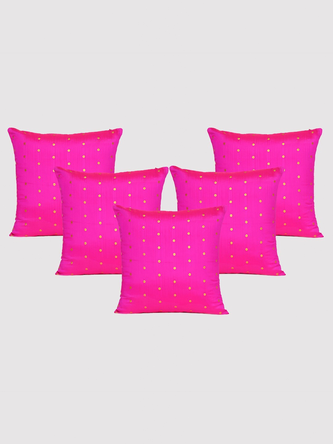 

OUSSUM 5 Pieces Pink & Gold-Toned Polka Dots Art Silk Square Cushion Covers