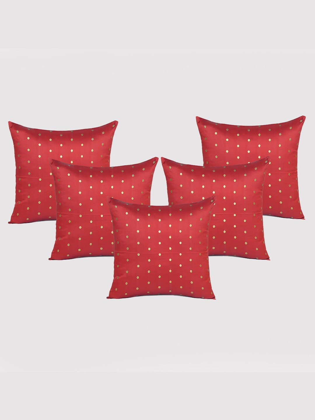 

OUSSUM 5 Pieces Red & Gold-Toned Polka Dot Art Silk Square Cushion Covers