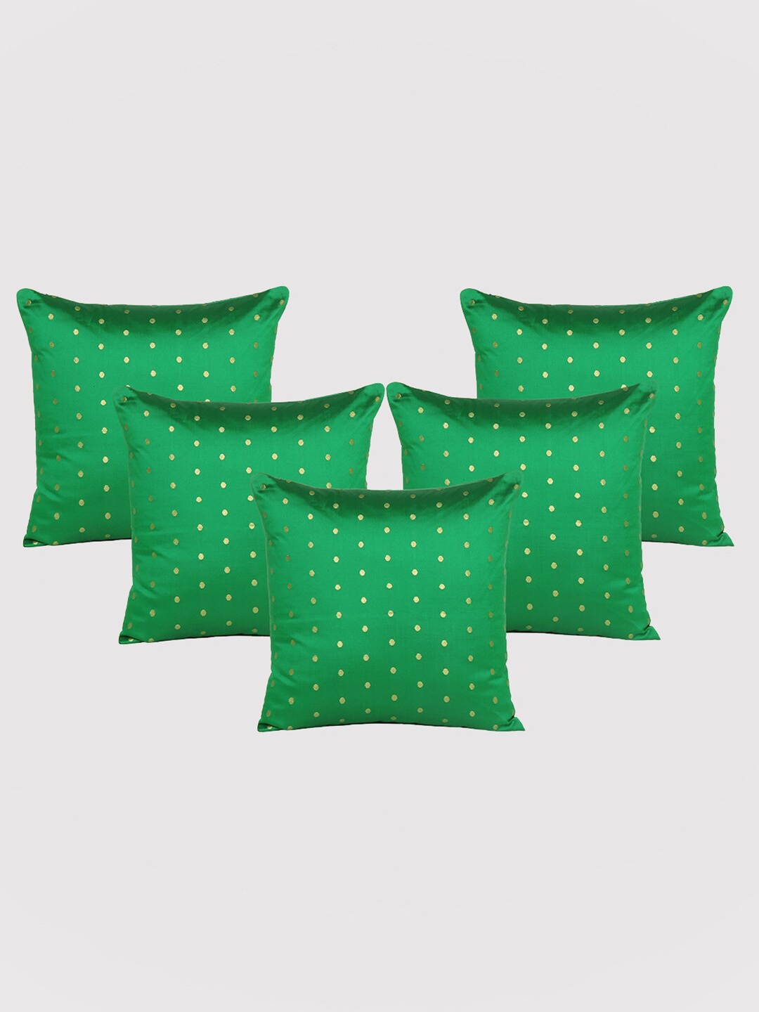 

OUSSUM Green & Gold-Toned 5 Pieces Polka Dots Art Silk Square Cushion Covers