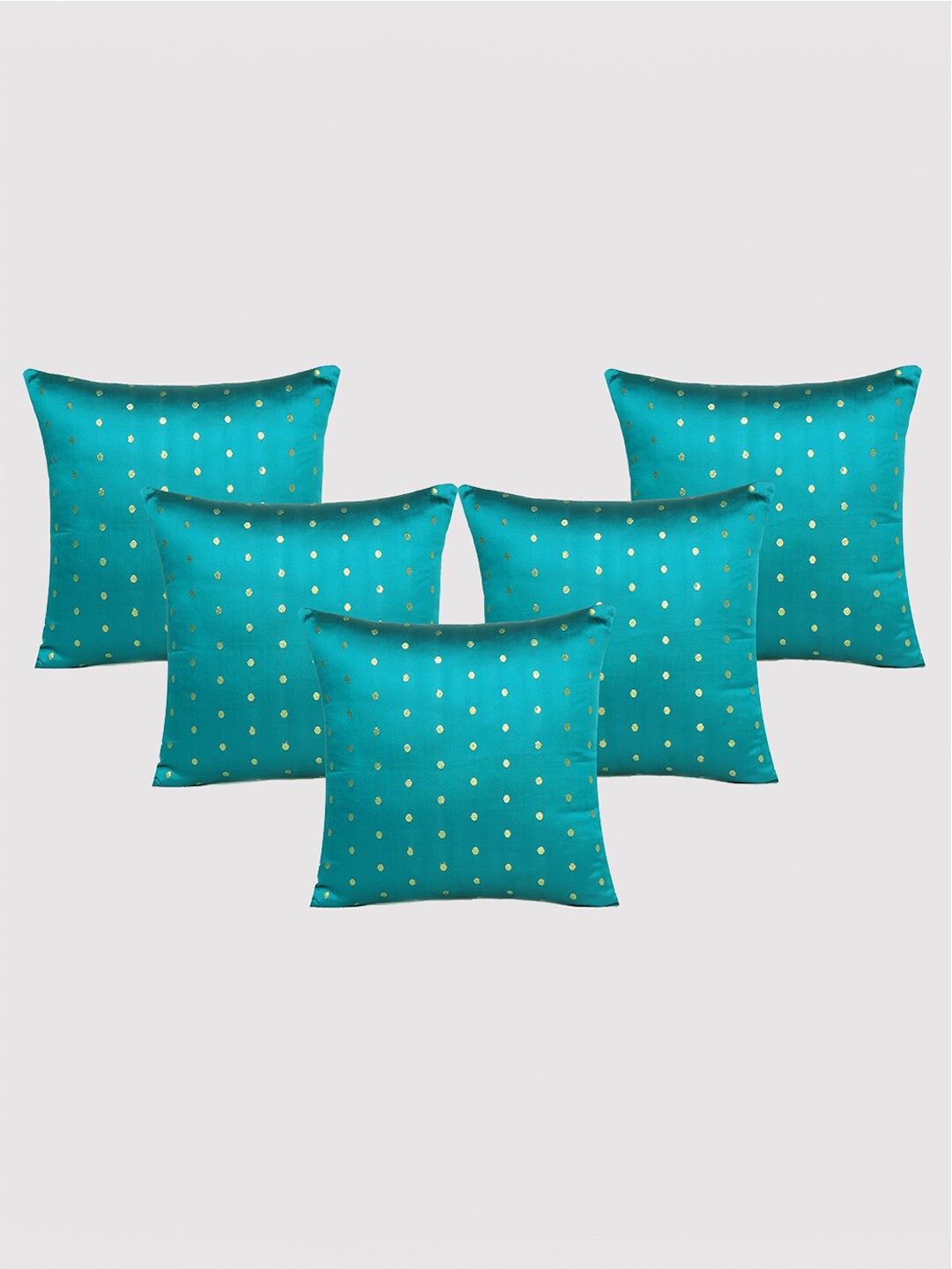 

OUSSUM Teal Blue & Gold-Toned 5 Pieces Geometric Art Silk Square Cushion Covers