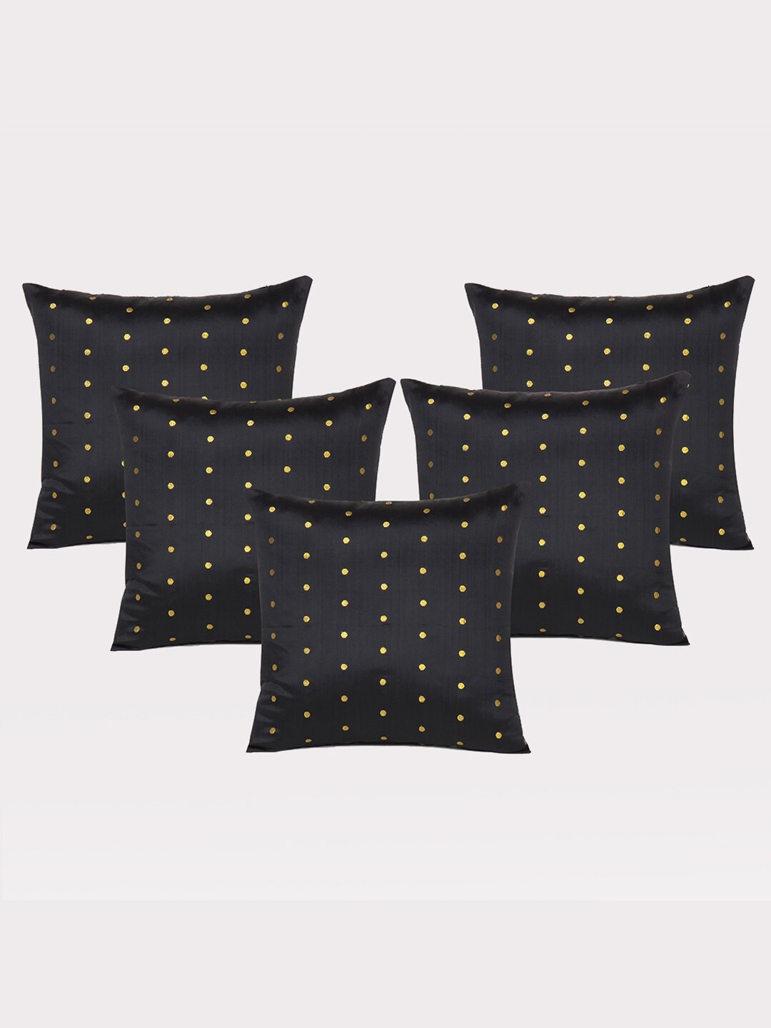 

OUSSUM 5 Pieces Black & Gold-Toned Polka Dots Art Silk Square Cushion Covers